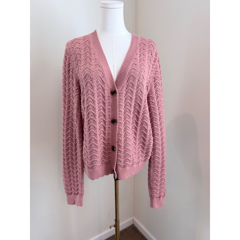 LOFT Outlet XL Peach Pink Pointelle Cardigan 100% Cotton Button Front Sweater - Picture 2 of 10